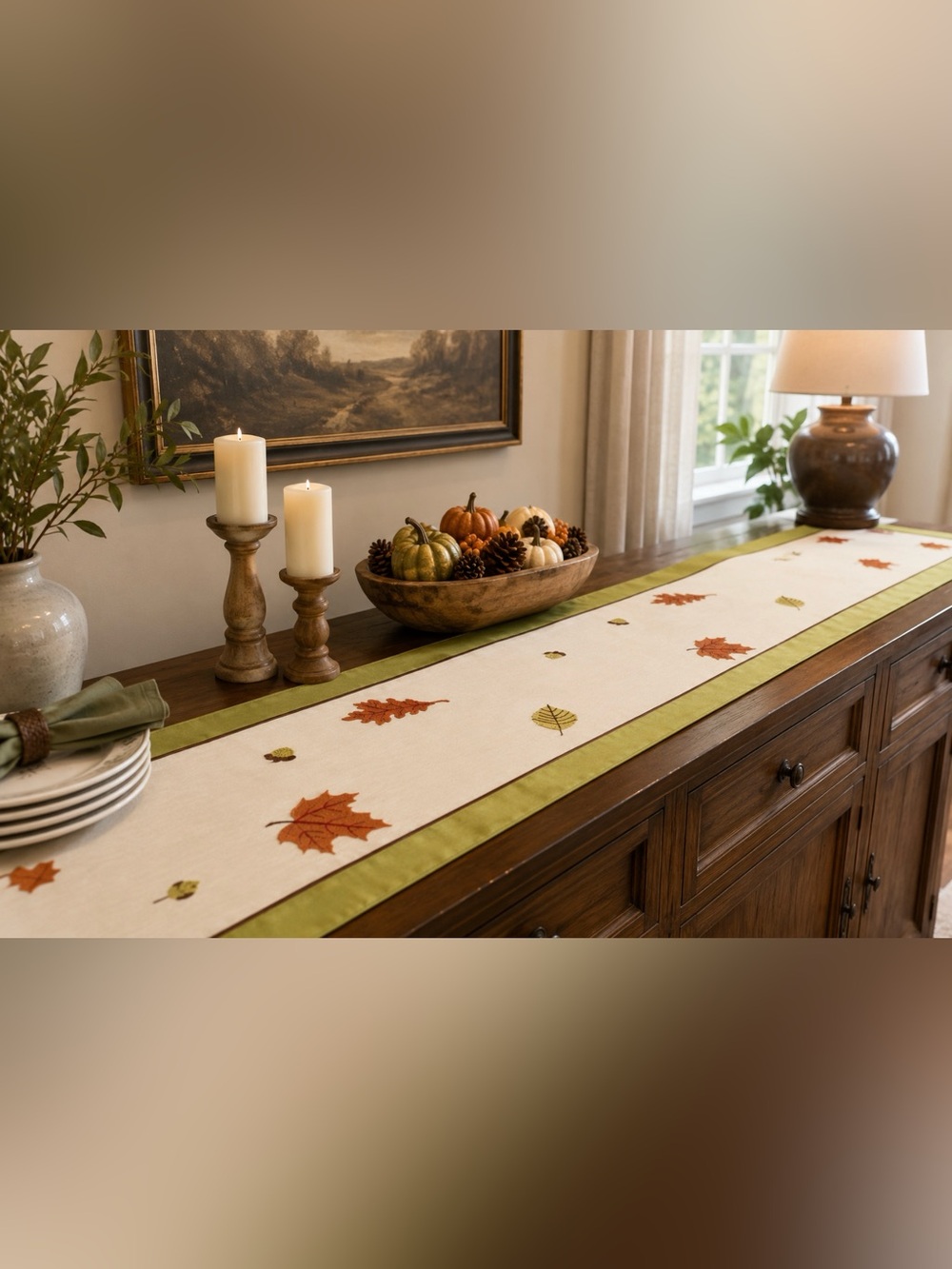 Inspired Treasures Table Runner Embroidered Leaves & Acorns NWOT